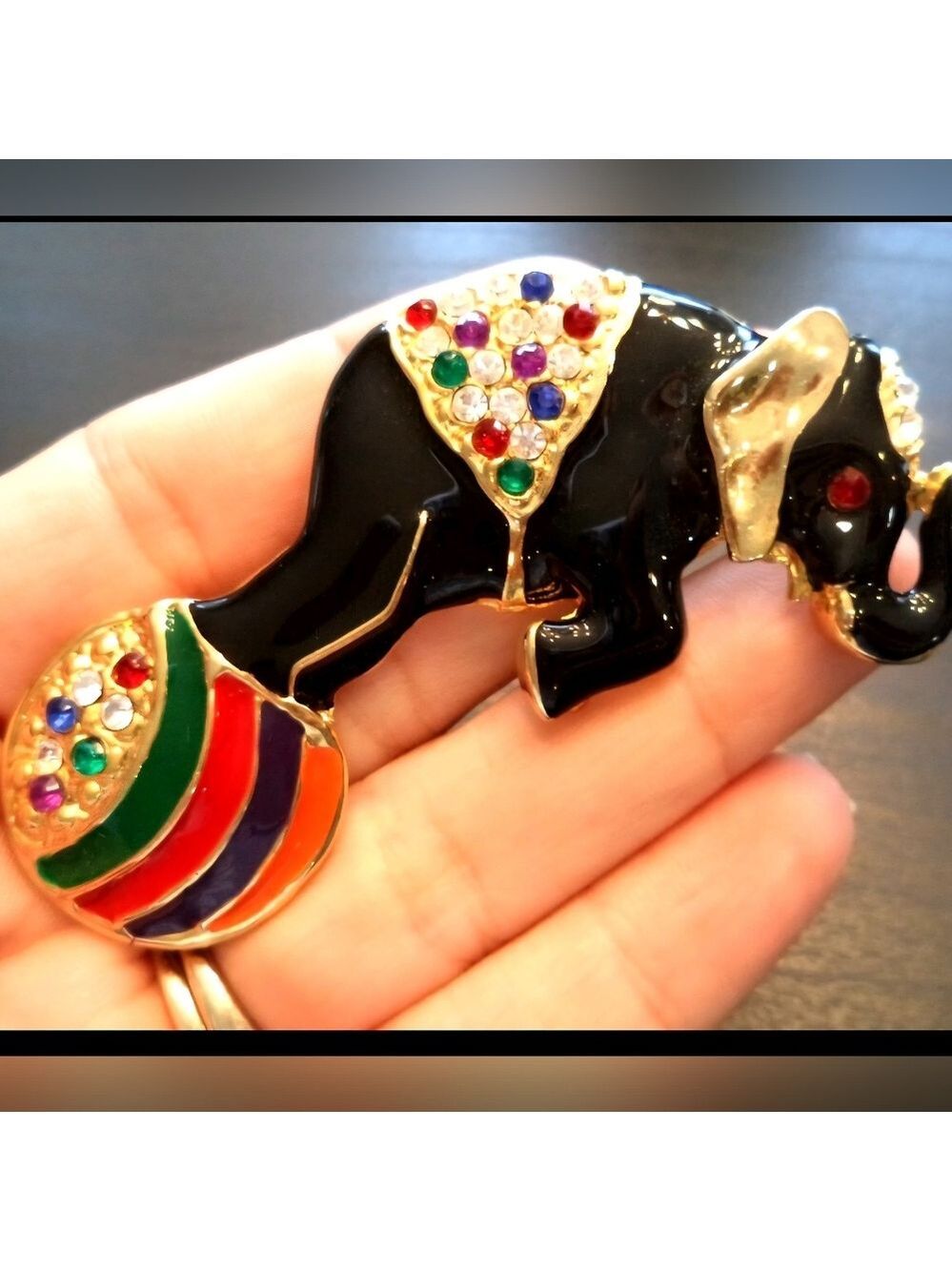 STUNNING VINTAGE ESTATE RHINESTONE ENAMELED CIRCUS ELEPHANT 2 7/8" BROOCH